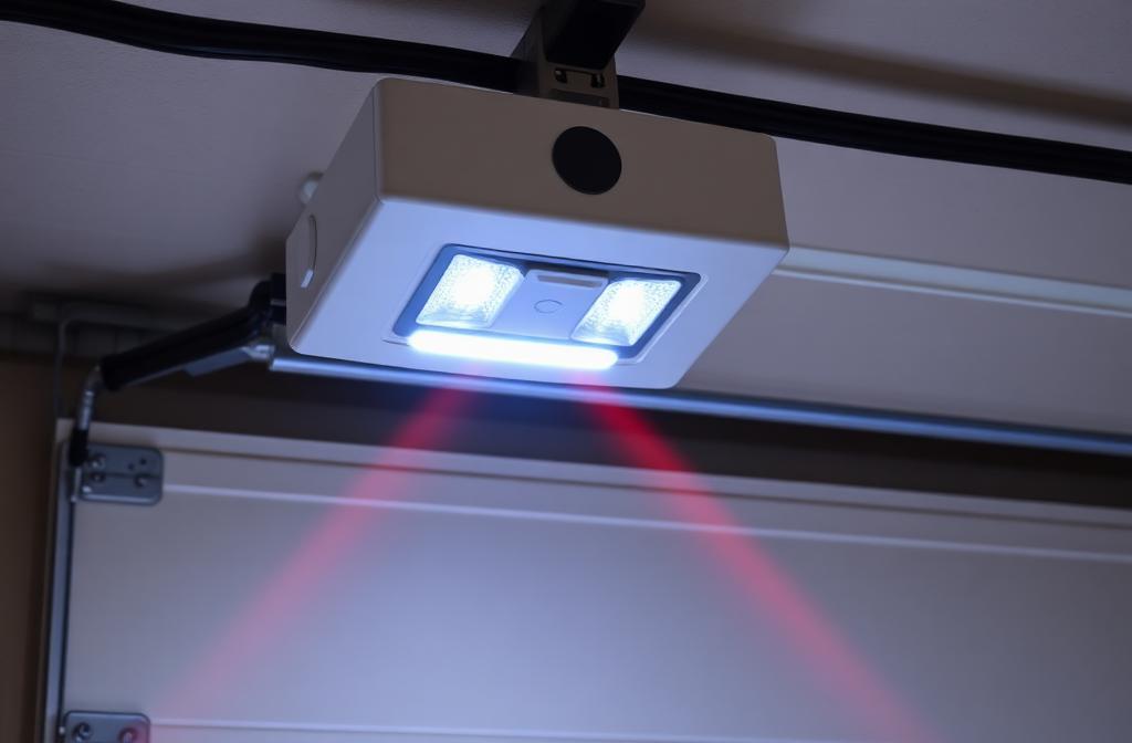 Garage door infrared safety sensor system close-up at bottom of door