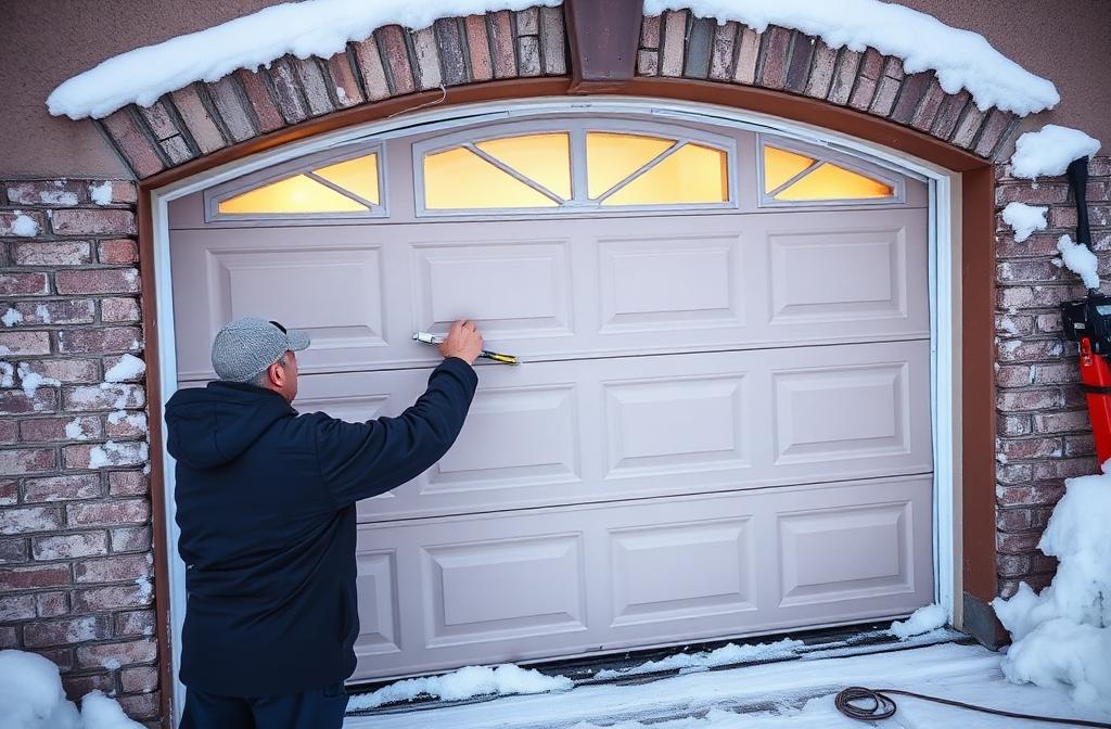 Technician applying weatherstripping to garage door during winter maintenance