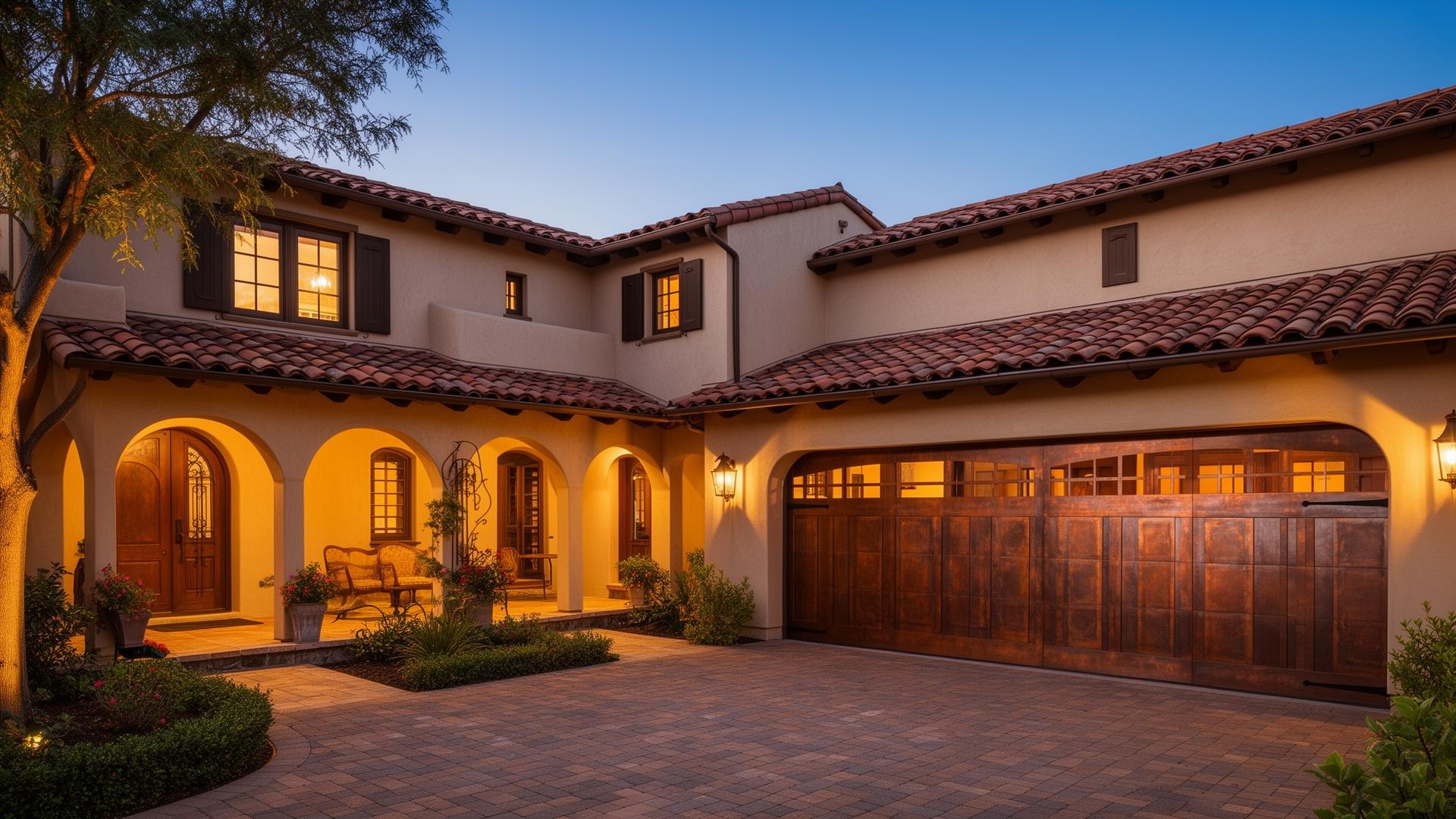 Luxury custom copper-clad garage door on Spanish revival home at dusk in Shaw Island